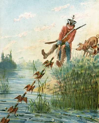 Baron Munchausen catching ducks with bacon fat, from The Adventures of Baron Munchausen by Rudolf Erich Raspe (1736-94), published c.1886